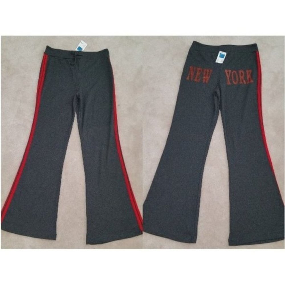 NWT NEW YORK Tush Spellout Pull-On Pants Gray Red Stripes Drawstring NYC XL